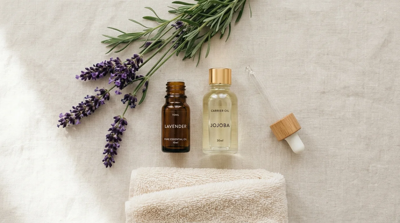 An essential-oil bottle beside a jojoba carrier oil and dropper, illustrating safe dilution