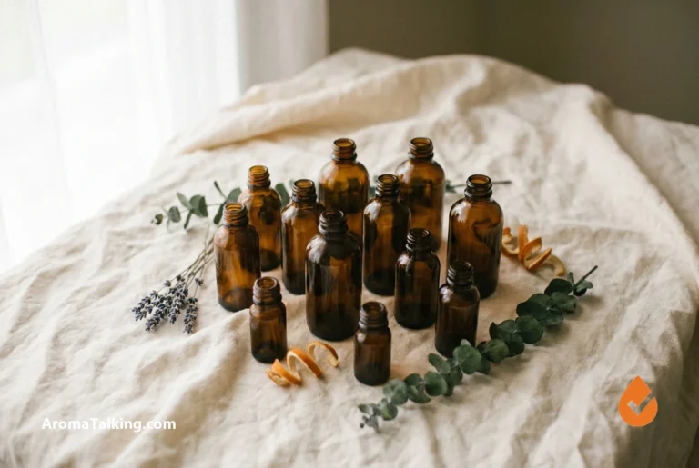 A collection of amber essential oil bottles with botanical sprigs
