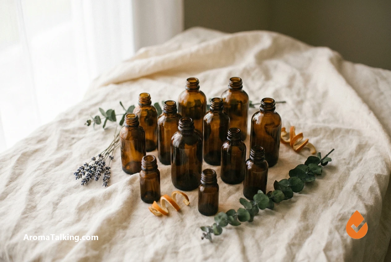 A collection of amber essential oil bottles with botanical sprigs