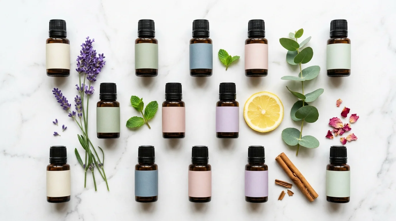 A flat-lay collection of a dozen amber essential-oil bottles with lavender, mint, lemon and eucalyptus