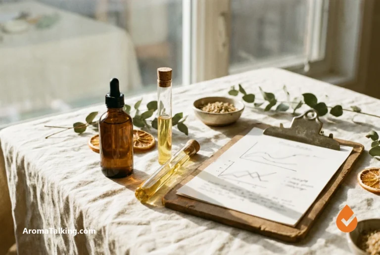 Affordable amber essential oil bottle beside lab testing equipment, illustrating budget oil with verified quality