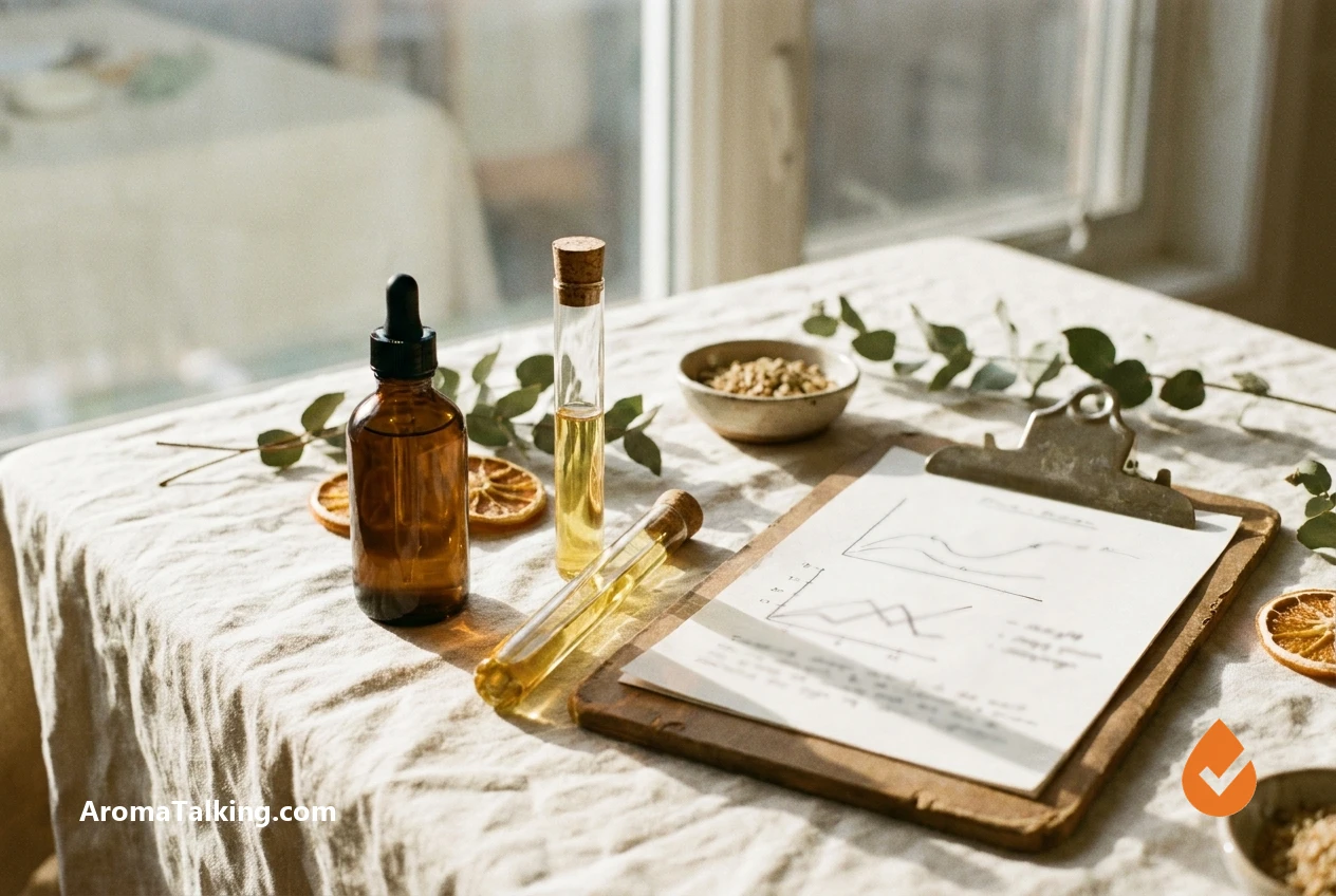 Affordable amber essential oil bottle beside lab testing equipment, illustrating budget oil with verified quality