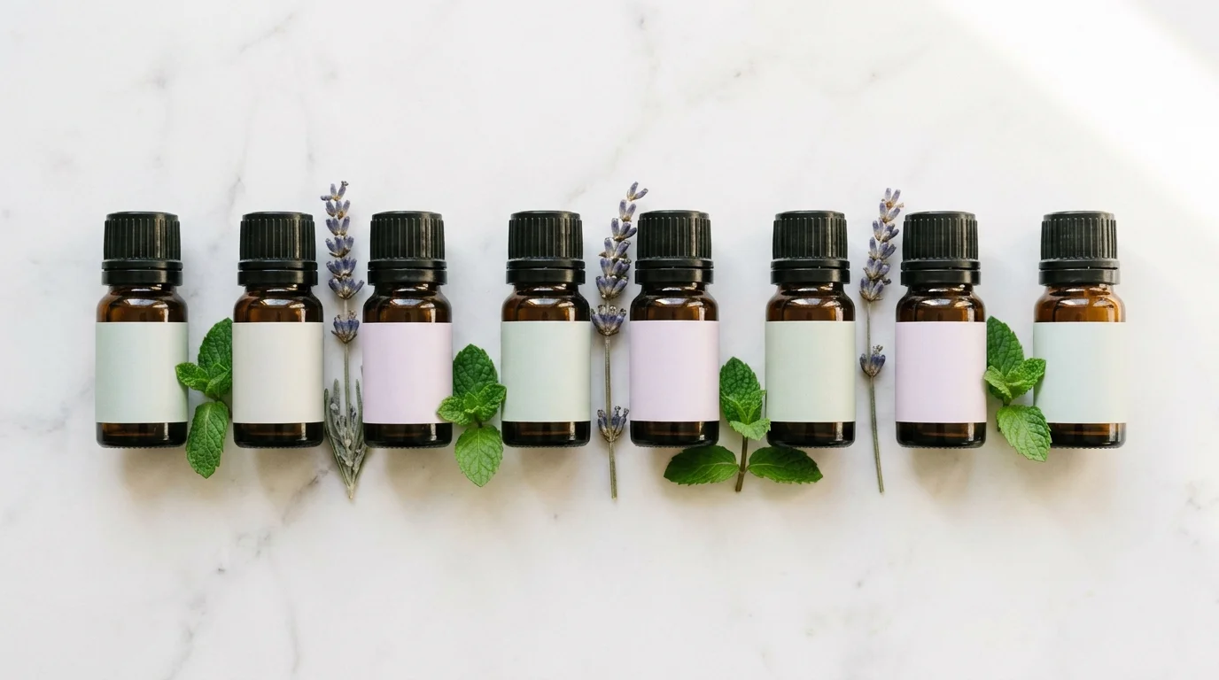 A lineup of amber essential-oil bottles showing the breadth of NOW Foods' roughly 90 pure oils