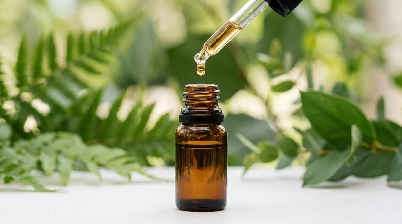 An essential-oil dropper releasing a single drop, representing NOW Foods GC-MS purity testing