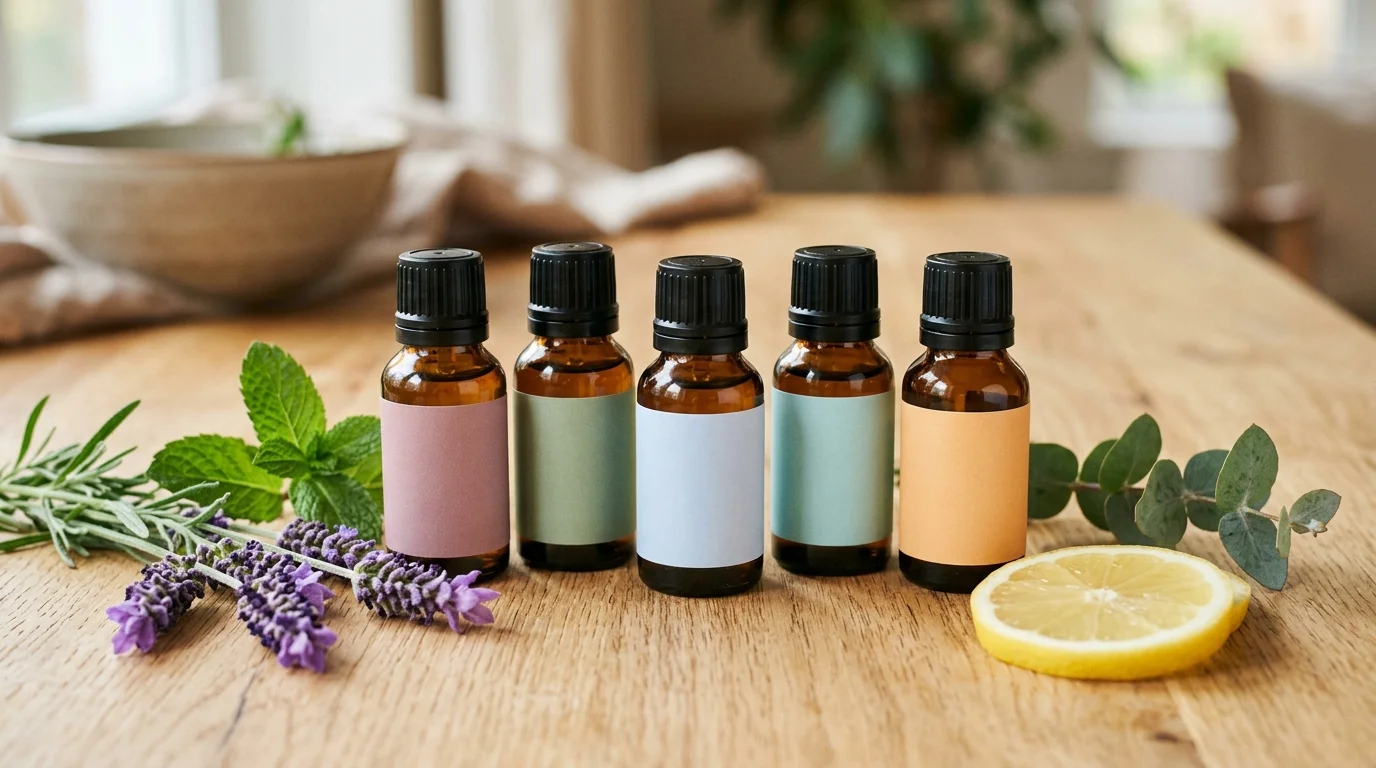 Five beginner essential oils with lavender, mint, lemon and eucalyptus, a NOW Foods starter set