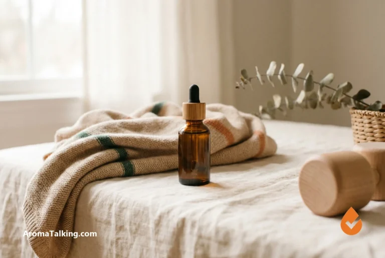 Amber essential oil bottle with a soft blanket and wooden toy blocks, illustrating family-safe oils