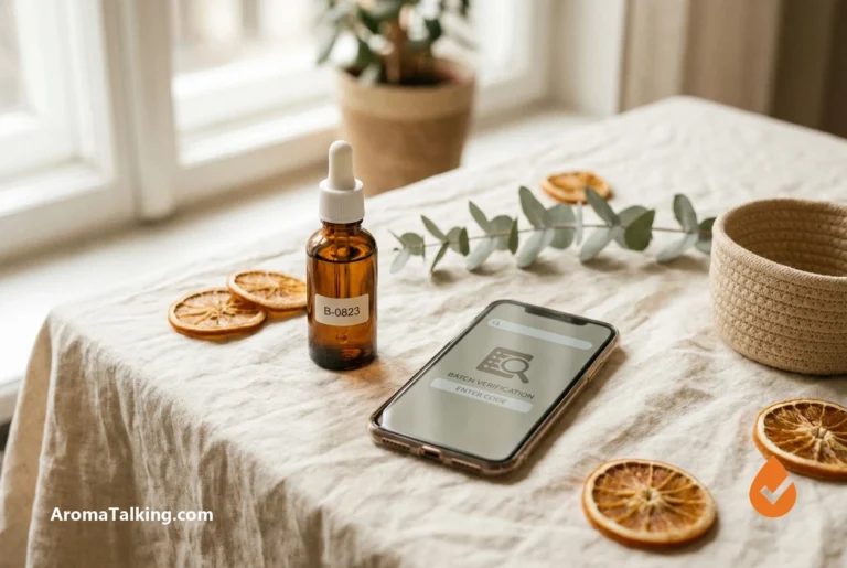 Amber essential oil bottle with a batch code and phone lookup, illustrating batch-level transparency