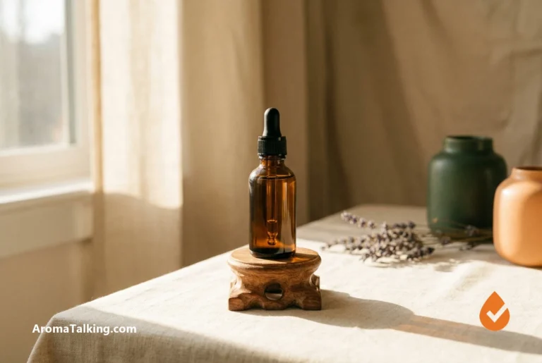 Premium amber essential oil bottle on a wooden pedestal, illustrating Young Living's premium positioning