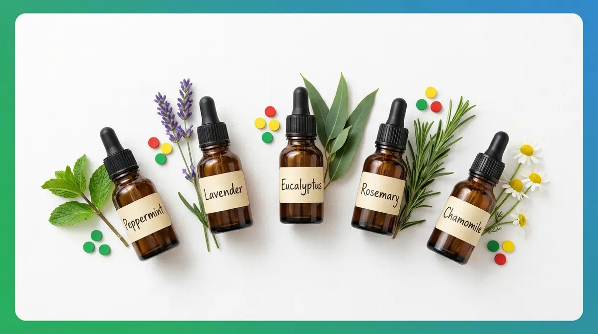 Five essential oils for headaches - peppermint, lavender, eucalyptus, rosemary and chamomile - with botanical sprigs