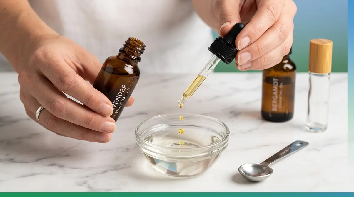 Diluting essential oils into a carrier oil with a dropper - 2 to 3 drops per teaspoon is the standard adult ratio