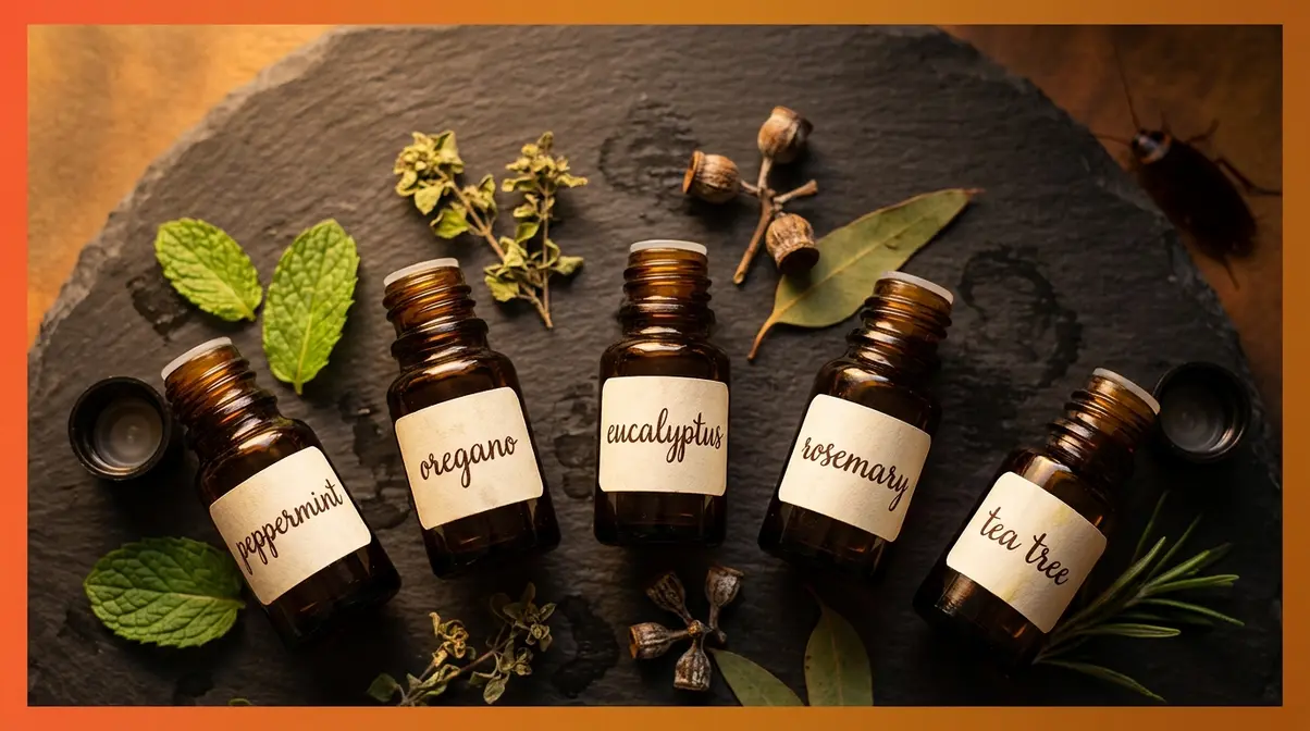 Essential oils that repel cockroaches - peppermint, oregano, eucalyptus and tea tree - with fresh herbs