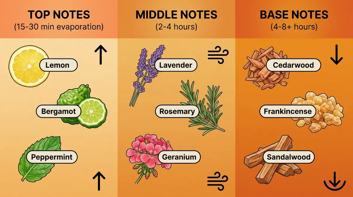 Essential oil notes chart - top, middle and base notes with example oils