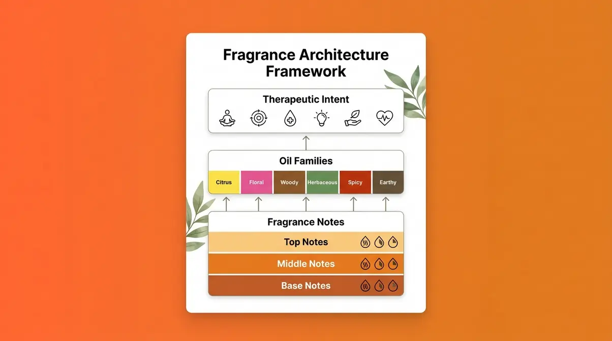 Essential oil blending chart showing fragrance families, top, middle and base notes