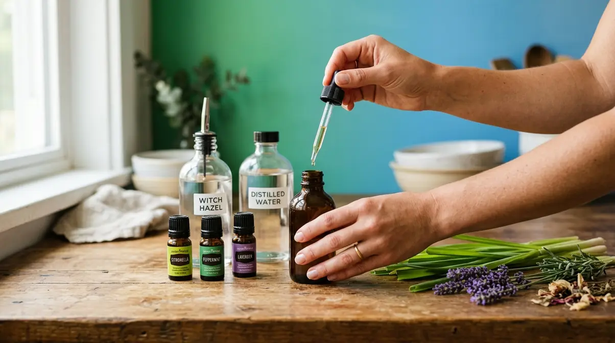 Making a homemade essential-oil mosquito repellent spray with witch hazel in a glass bottle