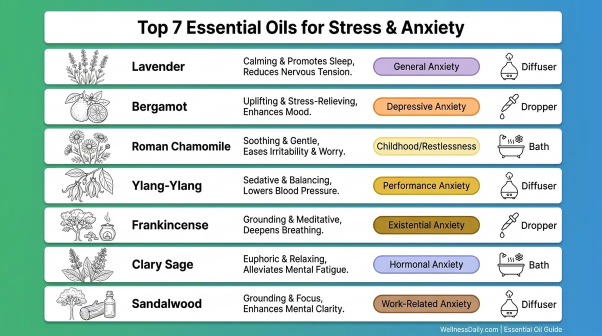 Comparison chart of the top calming essential oils for anxiety showing benefits and application methods