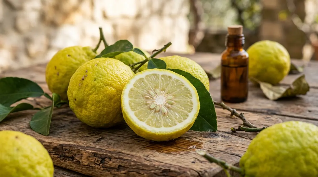 Bergamot fruit (Citrus bergamia) and bergamot essential oil bottle