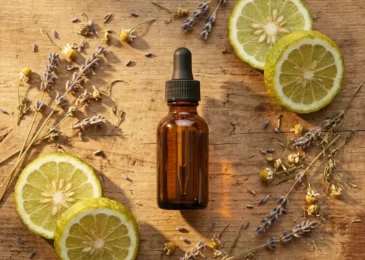 Bergamot essential oil amber bottle with fresh citrus fruit on wooden surface