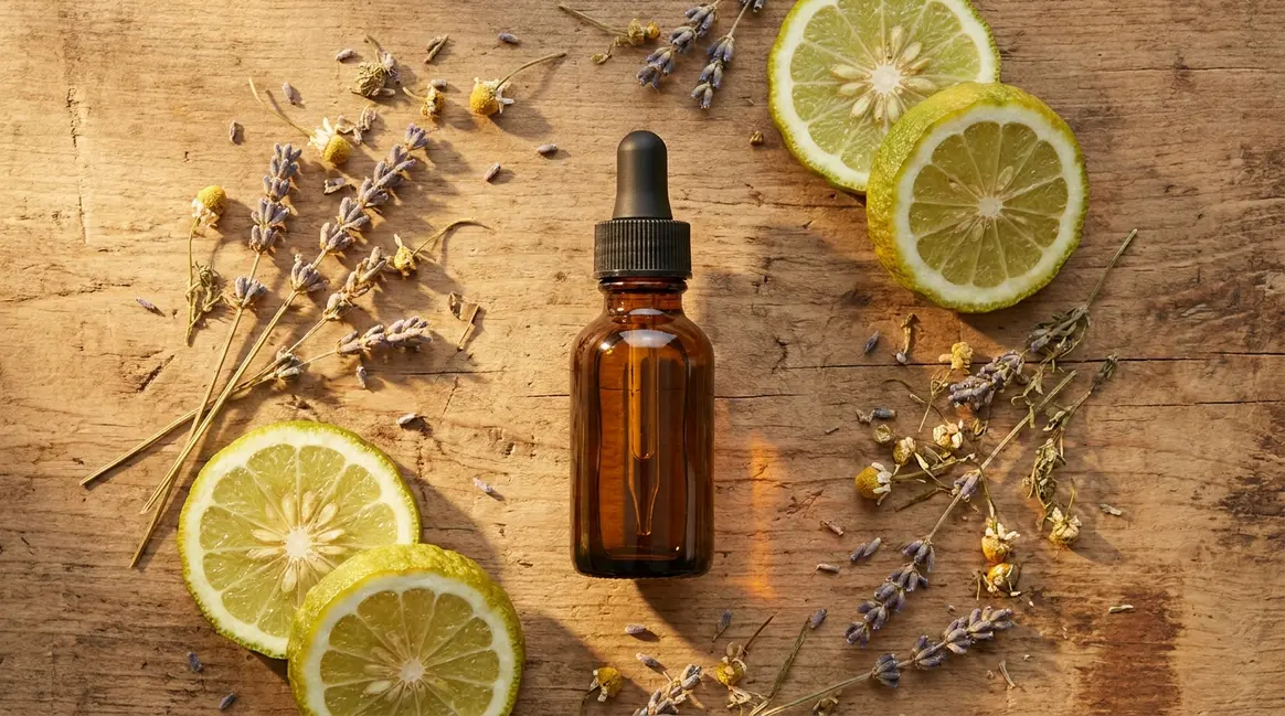 Bergamot essential oil amber bottle with fresh citrus fruit on wooden surface