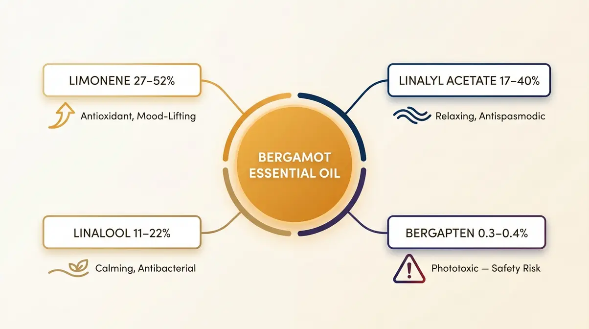 Key compounds in bergamot essential oil - limonene, linalyl acetate, linalool and bergapten