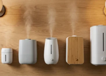 Five best cool mist humidifiers arranged on a wooden surface with mist rising