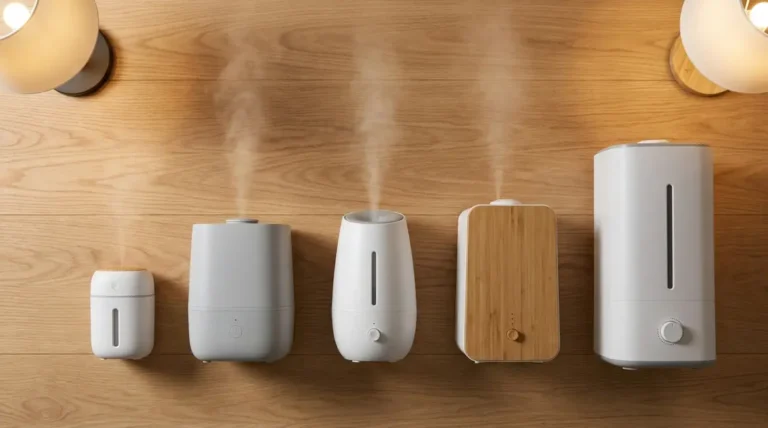 Five best cool mist humidifiers arranged on a wooden surface with mist rising