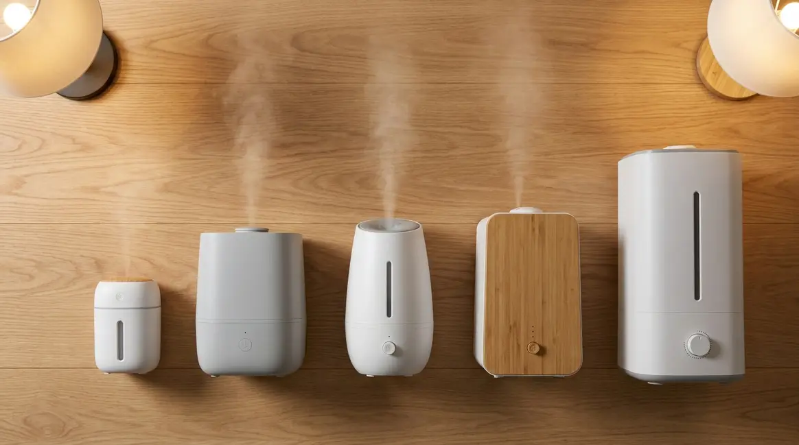 Five best cool mist humidifiers arranged on a wooden surface with mist rising