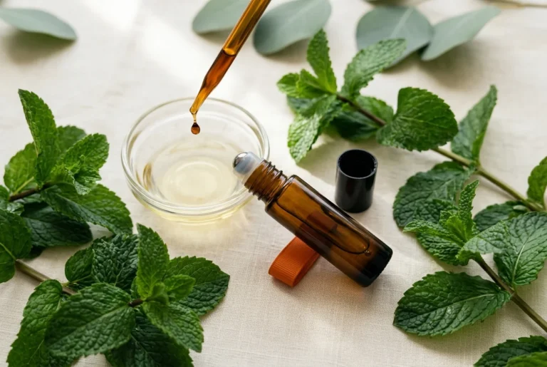 A glass dropper releasing a single drop of peppermint essential oil into a shallow dish of golden carrier oil, beside an open amber roller bottle and fresh peppermint leaves.
