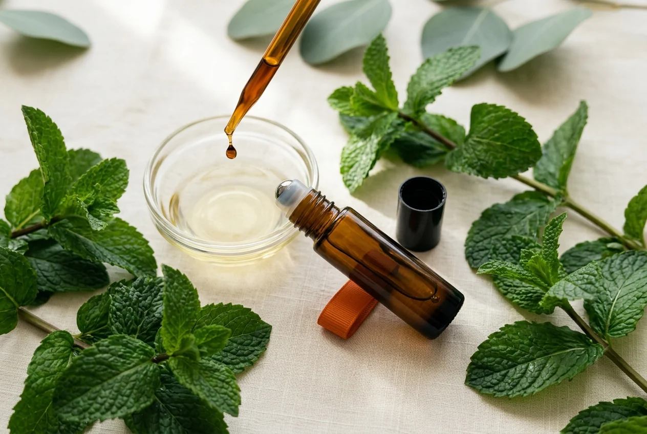 A glass dropper releasing a single drop of peppermint essential oil into a shallow dish of golden carrier oil, beside an open amber roller bottle and fresh peppermint leaves.