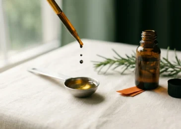 A glass dropper releasing two dark droplets of rosemary essential oil into a stainless measuring teaspoon filled with golden carrier oil, beside an unlabelled amber bottle and a sprig of fresh rosemary.