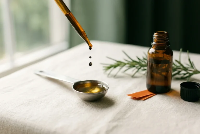 A glass dropper releasing two dark droplets of rosemary essential oil into a stainless measuring teaspoon filled with golden carrier oil, beside an unlabelled amber bottle and a sprig of fresh rosemary.