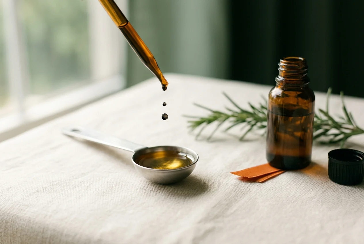 A glass dropper releasing two dark droplets of rosemary essential oil into a stainless measuring teaspoon filled with golden carrier oil, beside an unlabelled amber bottle and a sprig of fresh rosemary.