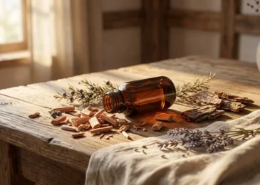 Dark amber bottle of cedarwood essential oil surrounded by cedar wood chips on rustic wooden surface