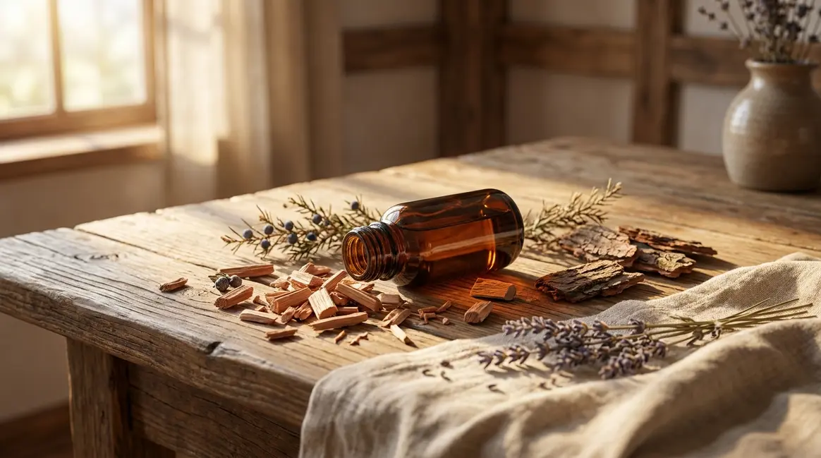 Dark amber bottle of cedarwood essential oil surrounded by cedar wood chips on rustic wooden surface