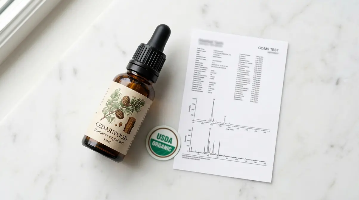 Quality markers on a cedarwood essential oil bottle - botanical name and dark glass
