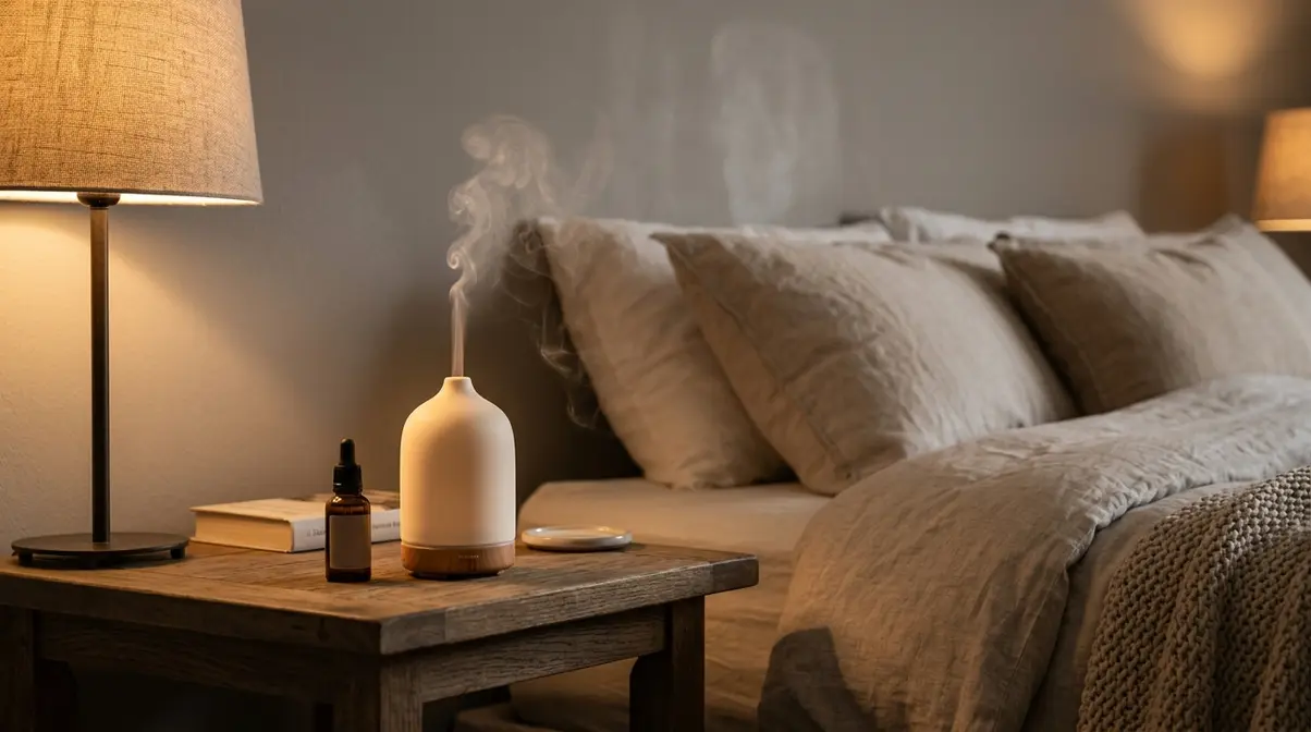 Cedarwood essential oil diffused at the bedside for sleep