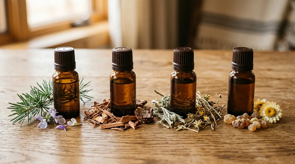 Four types of cedarwood essential oil - Atlas, Virginian, Texas and Himalayan