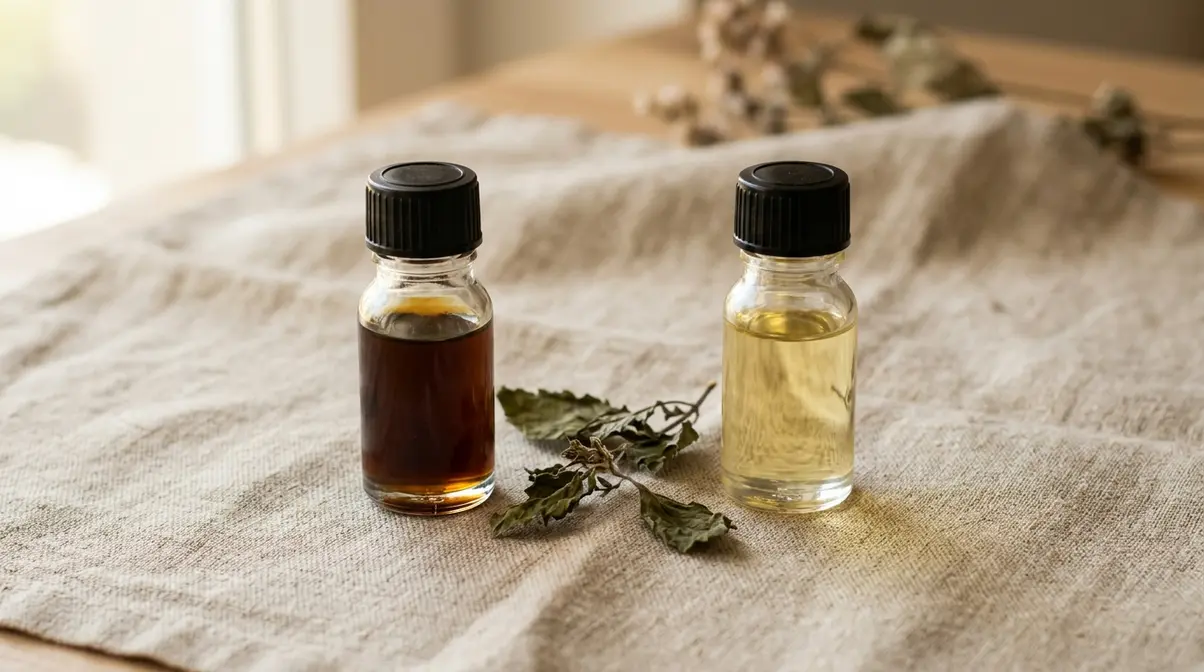 Dark amber patchouli oil beside pale golden patchouli oil