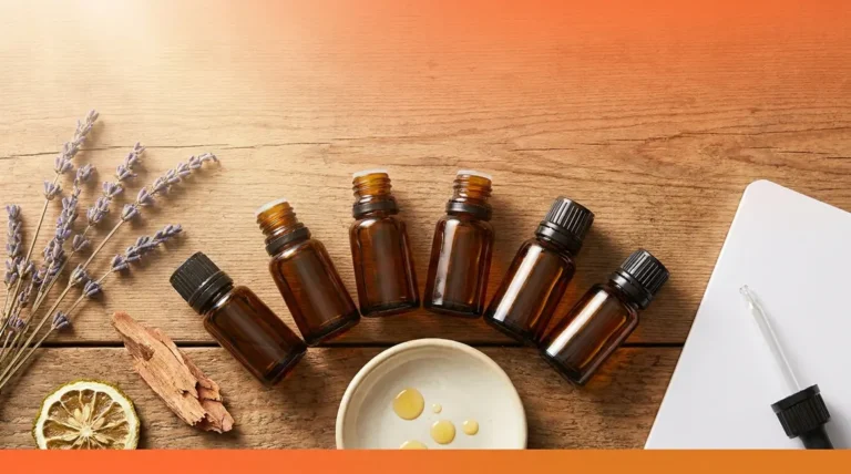 Essential oil blend chart flat-lay with six amber bottles, lavender, and cedarwood on wood surface