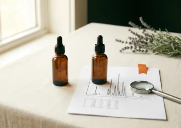 Two identical unlabelled amber dropper bottles on cream linen. The right-hand bottle rests on a printed lab chromatogram with a magnifying glass; the left-hand bottle has no paperwork at all.