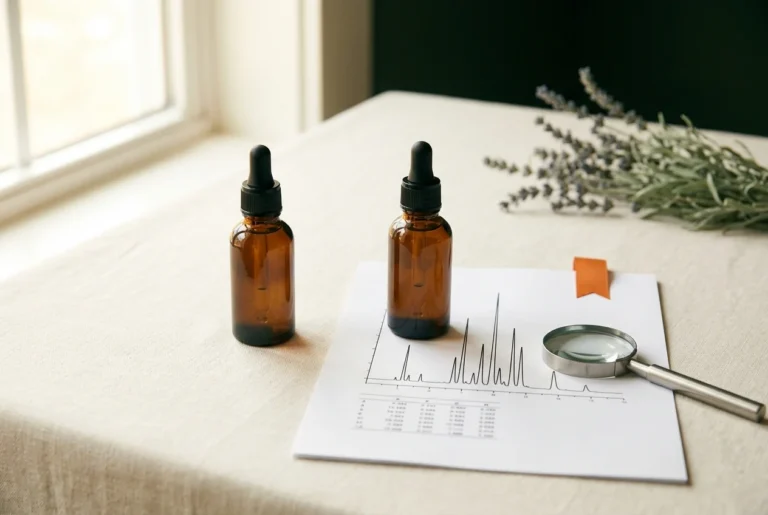 Two identical unlabelled amber dropper bottles on cream linen. The right-hand bottle rests on a printed lab chromatogram with a magnifying glass; the left-hand bottle has no paperwork at all.