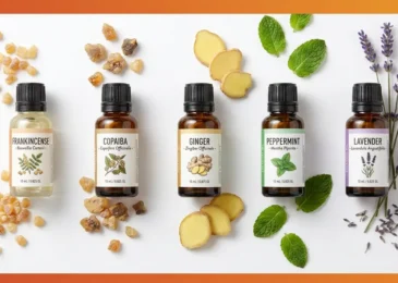 Five anti-inflammatory essential oil bottles with botanical ingredients on warm amber background