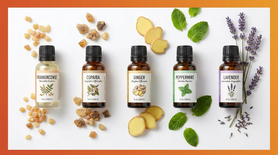 Five anti-inflammatory essential oil bottles with botanical ingredients on warm amber background