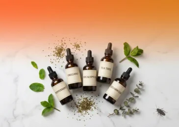 Five essential oil bottles for cockroach control arranged with fresh herbs on marble surface