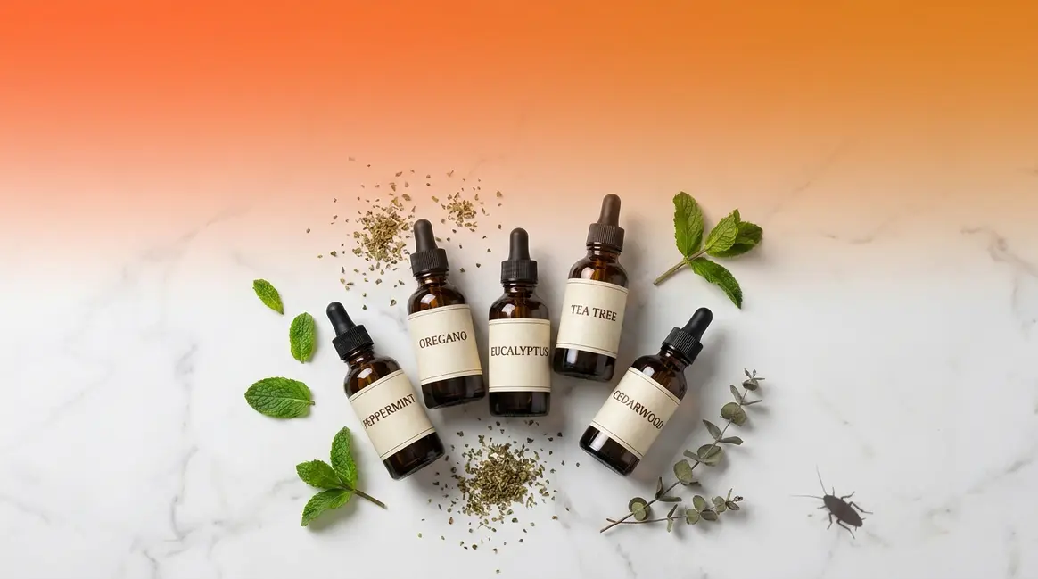 Five essential oil bottles for cockroach control arranged with fresh herbs on marble surface