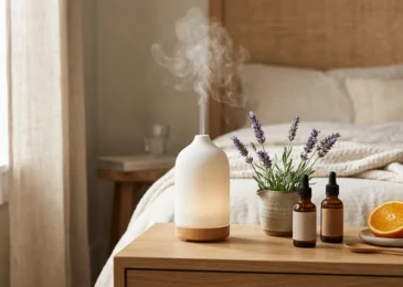 Calm bedside scene with a diffuser, lavender, bitter orange and amber essential-oil bottles