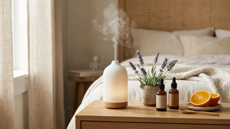 Calm bedside scene with a diffuser, lavender, bitter orange and amber essential-oil bottles