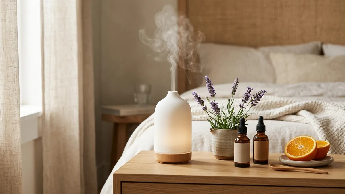 A calm bedside scene with a softly glowing diffuser, sprigs of lavender, a slice of bitter orange, and amber essential-oil bottles in warm natural light