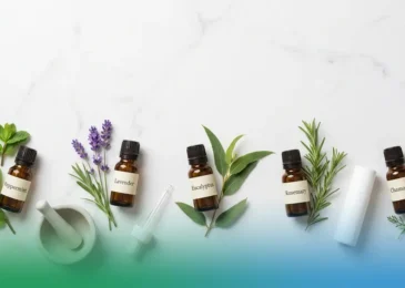 Five essential oil bottles for headache relief surrounded by peppermint lavender eucalyptus rosemary chamomile botanicals