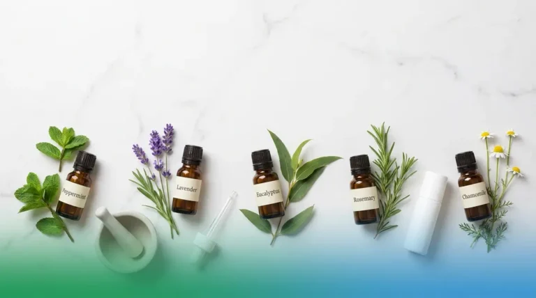 Five essential oil bottles for headache relief surrounded by peppermint lavender eucalyptus rosemary chamomile botanicals