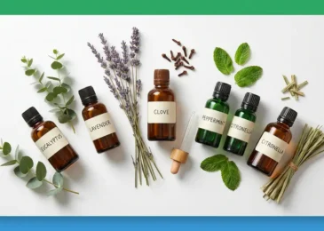 Seven essential oils for mosquito repellent arranged with fresh botanicals on a clean surface